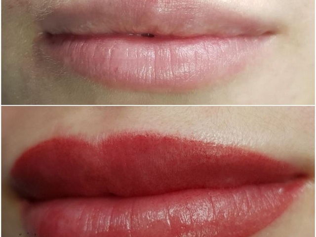 Нежный помадный эффект перманентного макияжа губ сразу после процедуры